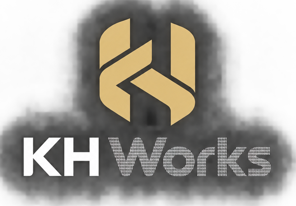 이진수 패턴의 Works 워드마크가 적용된 KH Works 디지털 로고